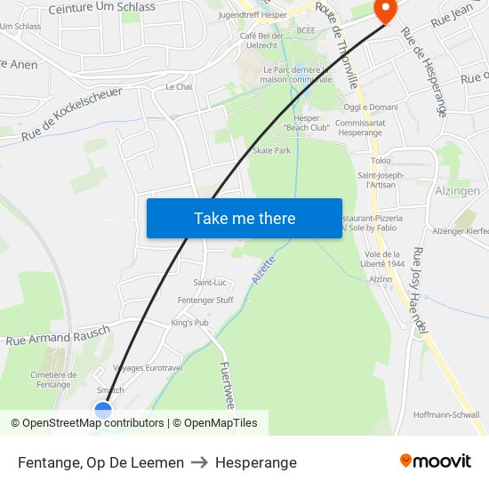 Fentange, Op De Leemen to Hesperange map