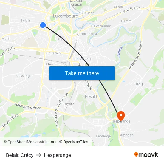 Belair, Crécy to Hesperange map