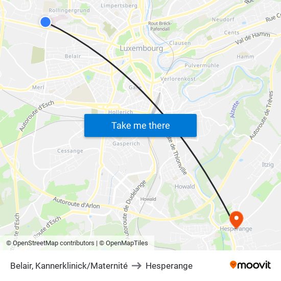 Belair, Kannerklinick/Maternité to Hesperange map