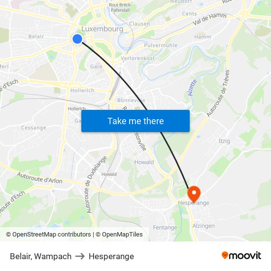 Belair, Wampach to Hesperange map