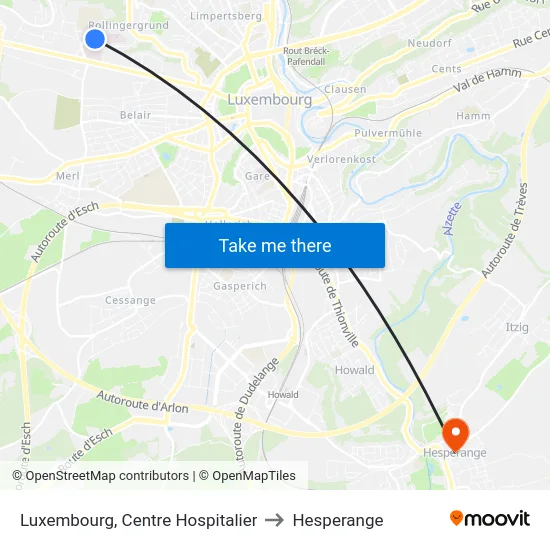 Luxembourg, Centre Hospitalier to Hesperange map
