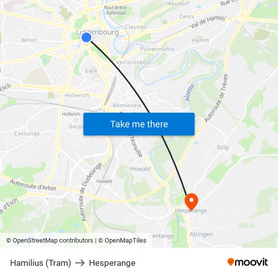 Hamilius (Tram) to Hesperange map