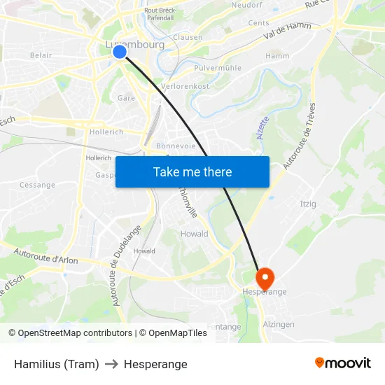 Hamilius (Tram) to Hesperange map