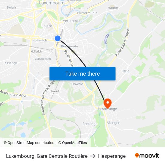 Luxembourg, Gare Centrale Routière to Hesperange map
