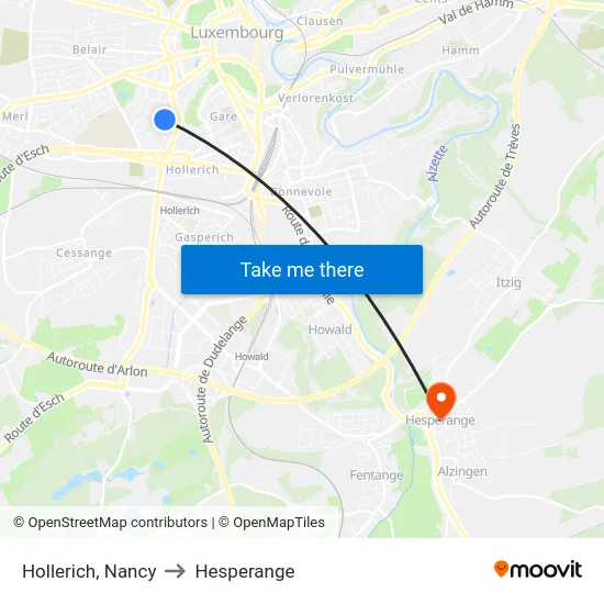 Hollerich, Nancy to Hesperange map