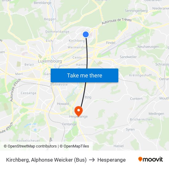 Kirchberg, Alphonse Weicker (Bus) to Hesperange map