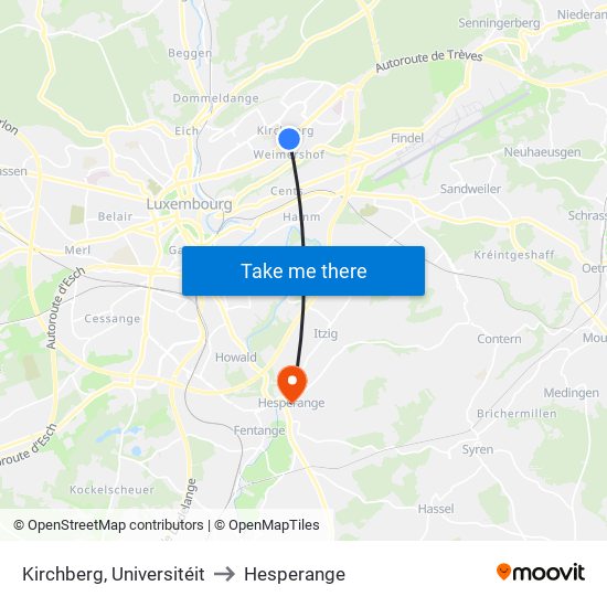 Kirchberg, Universitéit to Hesperange map