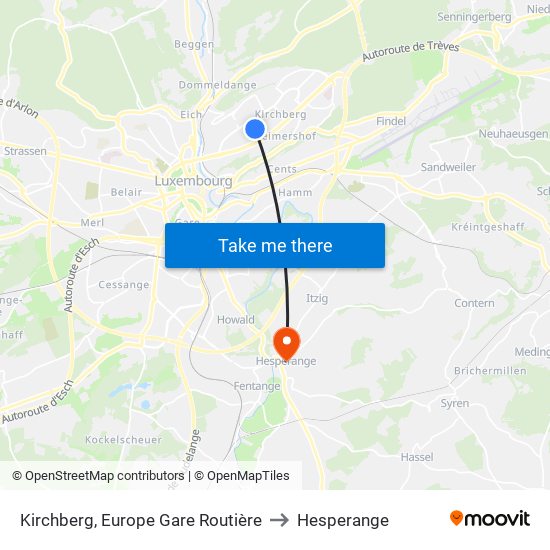 Kirchberg, Europe Gare Routière to Hesperange map