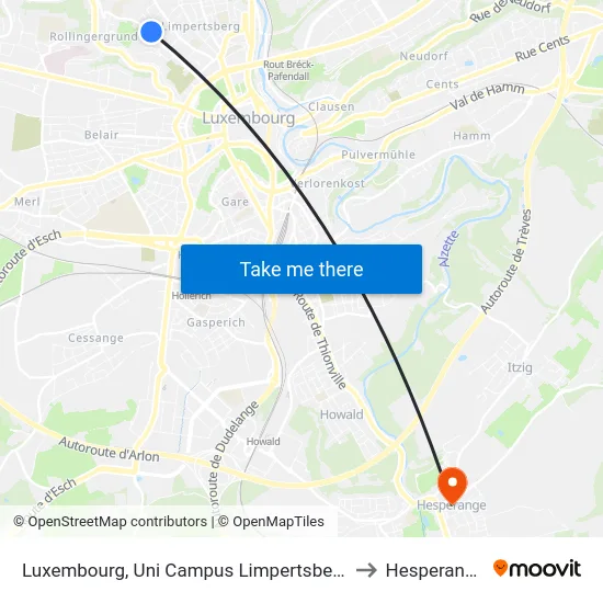 Luxembourg, Uni Campus Limpertsberg to Hesperange map