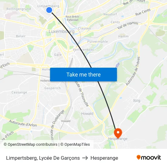 Limpertsberg, Lycée De Garçons to Hesperange map