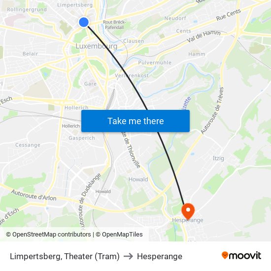 Limpertsberg, Theater (Tram) to Hesperange map