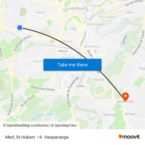 Merl, St.Hubert to Hesperange map