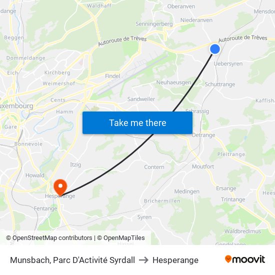 Munsbach, Parc D'Activité Syrdall to Hesperange map