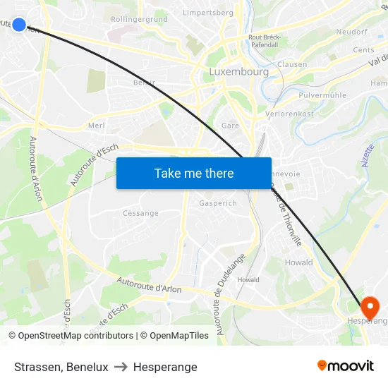 Strassen, Benelux to Hesperange map