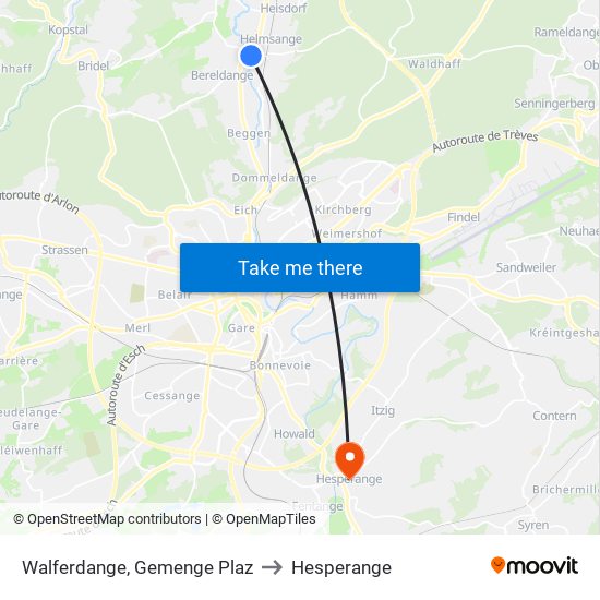 Walferdange, Gemenge Plaz to Hesperange map