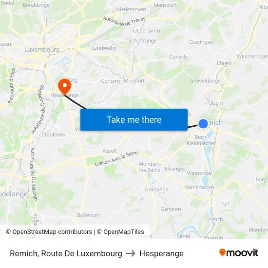 Remich, Route De Luxembourg to Hesperange map