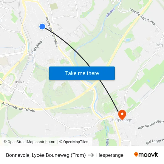 Bonnevoie, Lycée Bouneweg (Tram) to Hesperange map