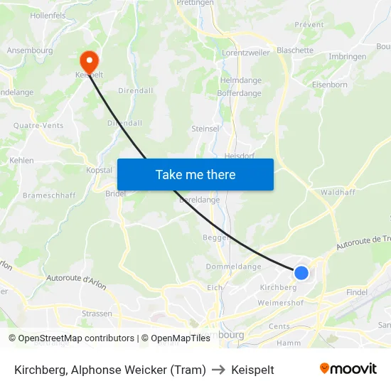 Kirchberg, Alphonse Weicker (Tram) to Keispelt map