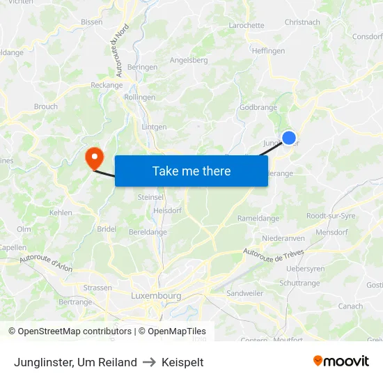 Junglinster, Um Reiland to Keispelt map
