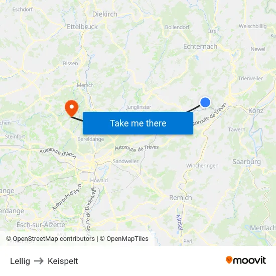 Lellig to Keispelt map