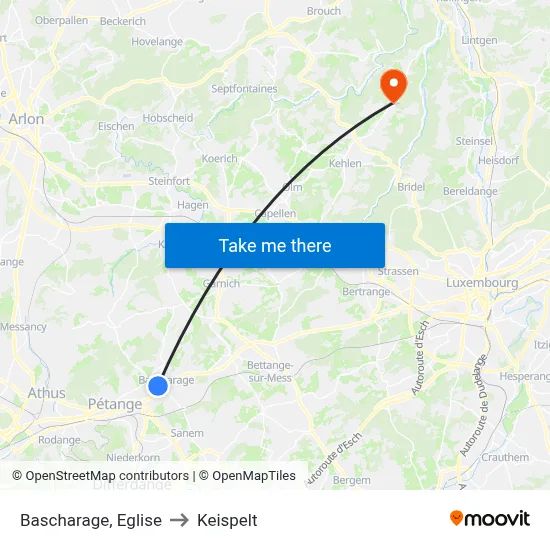 Bascharage, Eglise to Keispelt map