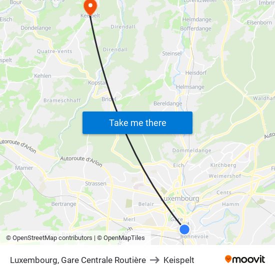 Luxembourg, Gare Centrale Routière to Keispelt map