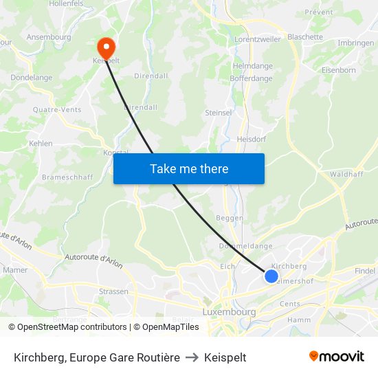 Kirchberg, Europe Gare Routière to Keispelt map