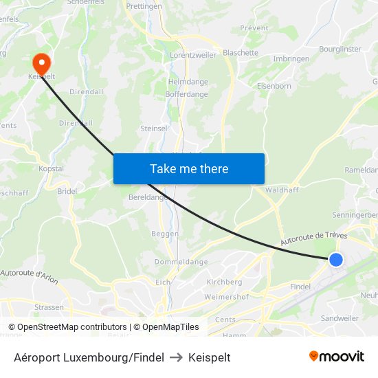 Aéroport Luxembourg/Findel to Keispelt map