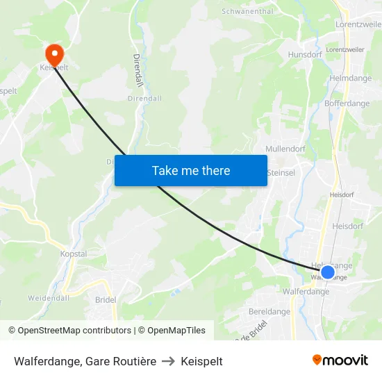 Walferdange, Gare Routière to Keispelt map