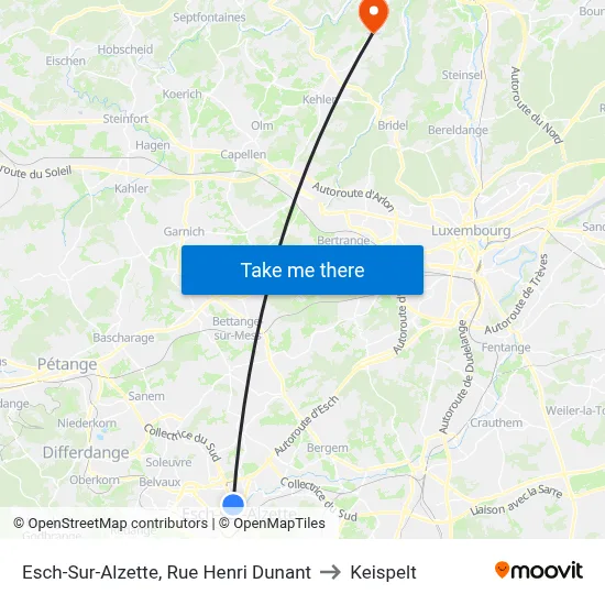 Esch-Sur-Alzette, Rue Henri Dunant to Keispelt map