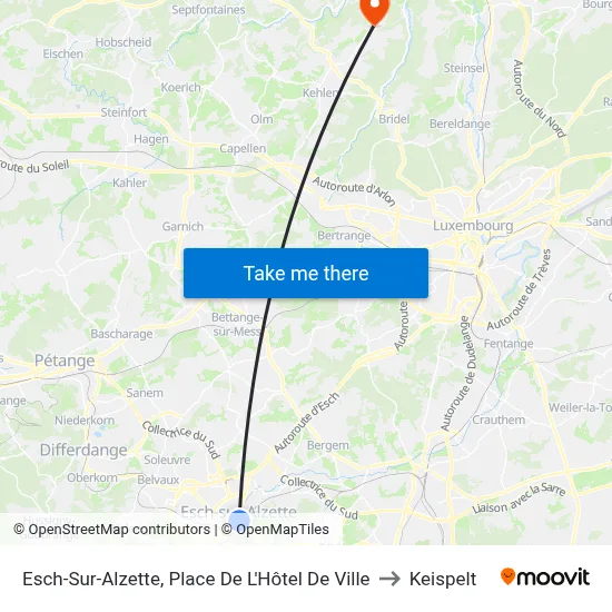 Esch-Sur-Alzette, Place De L'Hôtel De Ville to Keispelt map