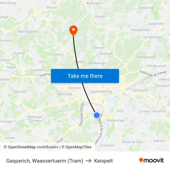 Gasperich, Waassertuerm (Tram) to Keispelt map