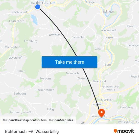 Echternach to Wasserbillig map