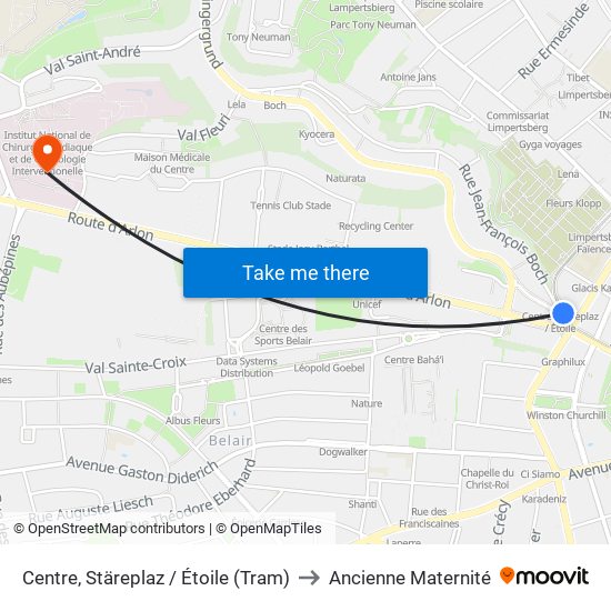 Centre, Stäreplaz / Étoile (Tram) to Ancienne Maternité map