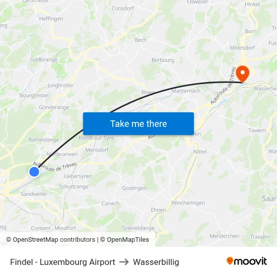 Findel - Luxembourg Airport to Wasserbillig map