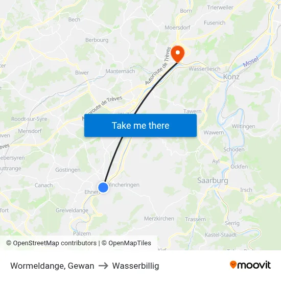 Wormeldange, Gewan to Wasserbillig map