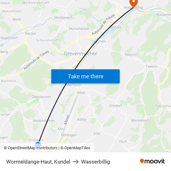 Wormeldange-Haut, Kundel to Wasserbillig map