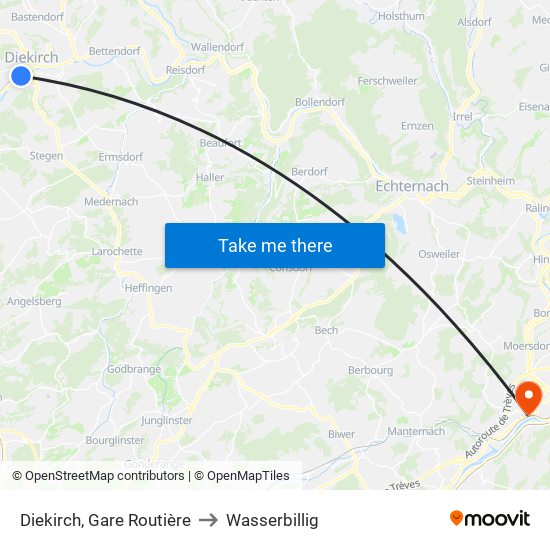 Diekirch, Gare Routière to Wasserbillig map