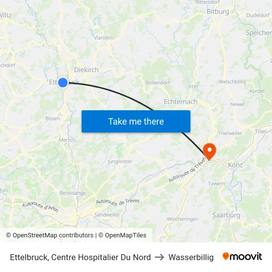 Ettelbruck, Centre Hospitalier Du Nord to Wasserbillig map