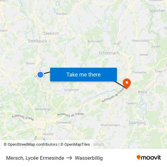 Mersch, Lycée Ermesinde to Wasserbillig map