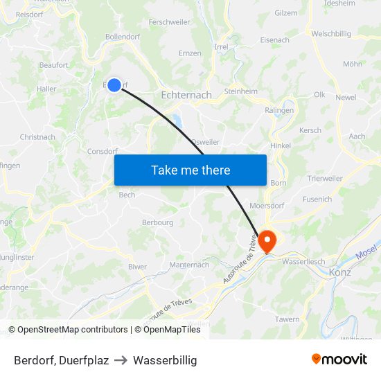 Berdorf, Duerfplaz to Wasserbillig map