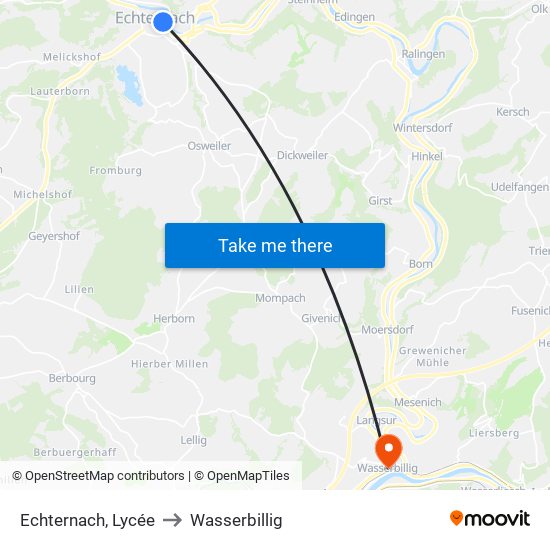 Echternach, Lycée to Wasserbillig map