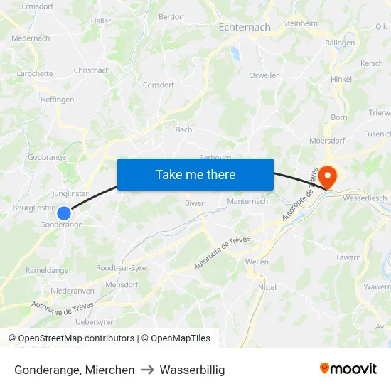 Gonderange, Mierchen to Wasserbillig map