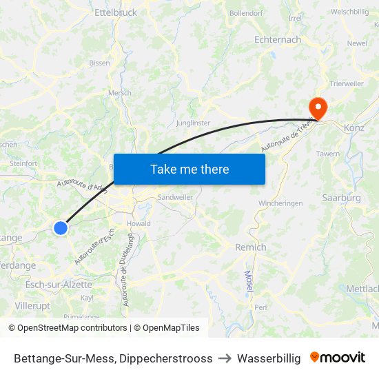 Bettange-Sur-Mess, Dippecherstrooss to Wasserbillig map