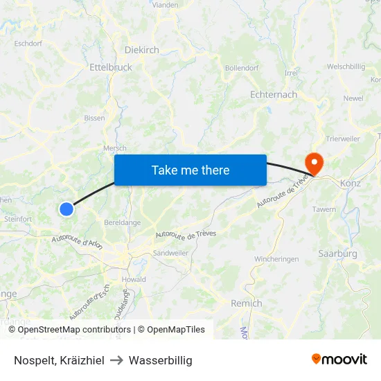 Nospelt, Kräizhiel to Wasserbillig map