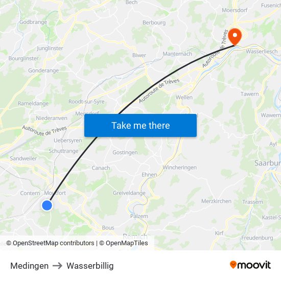 Medingen to Wasserbillig map
