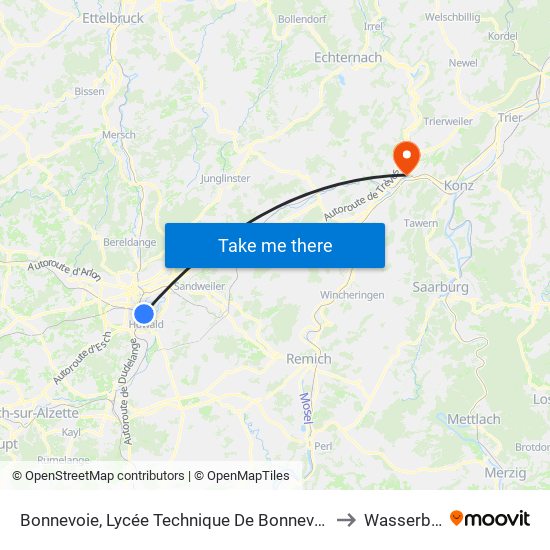 Bonnevoie, Lycée Technique De Bonnevoie/Quais to Wasserbillig map