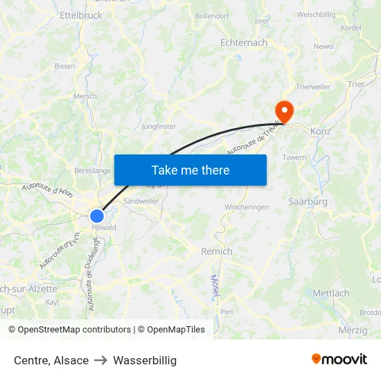 Centre, Alsace to Wasserbillig map