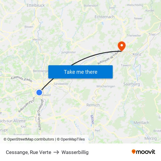 Cessange, Rue Verte to Wasserbillig map