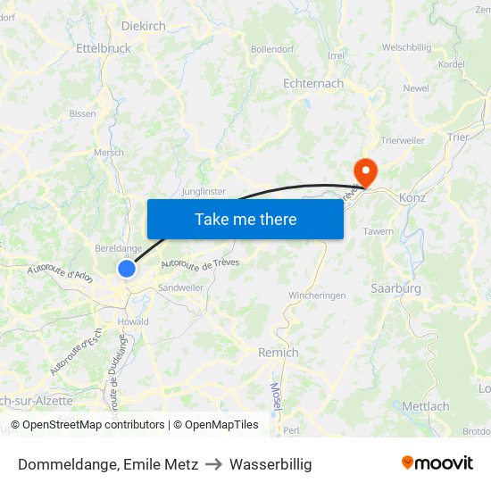 Dommeldange, Emile Metz to Wasserbillig map